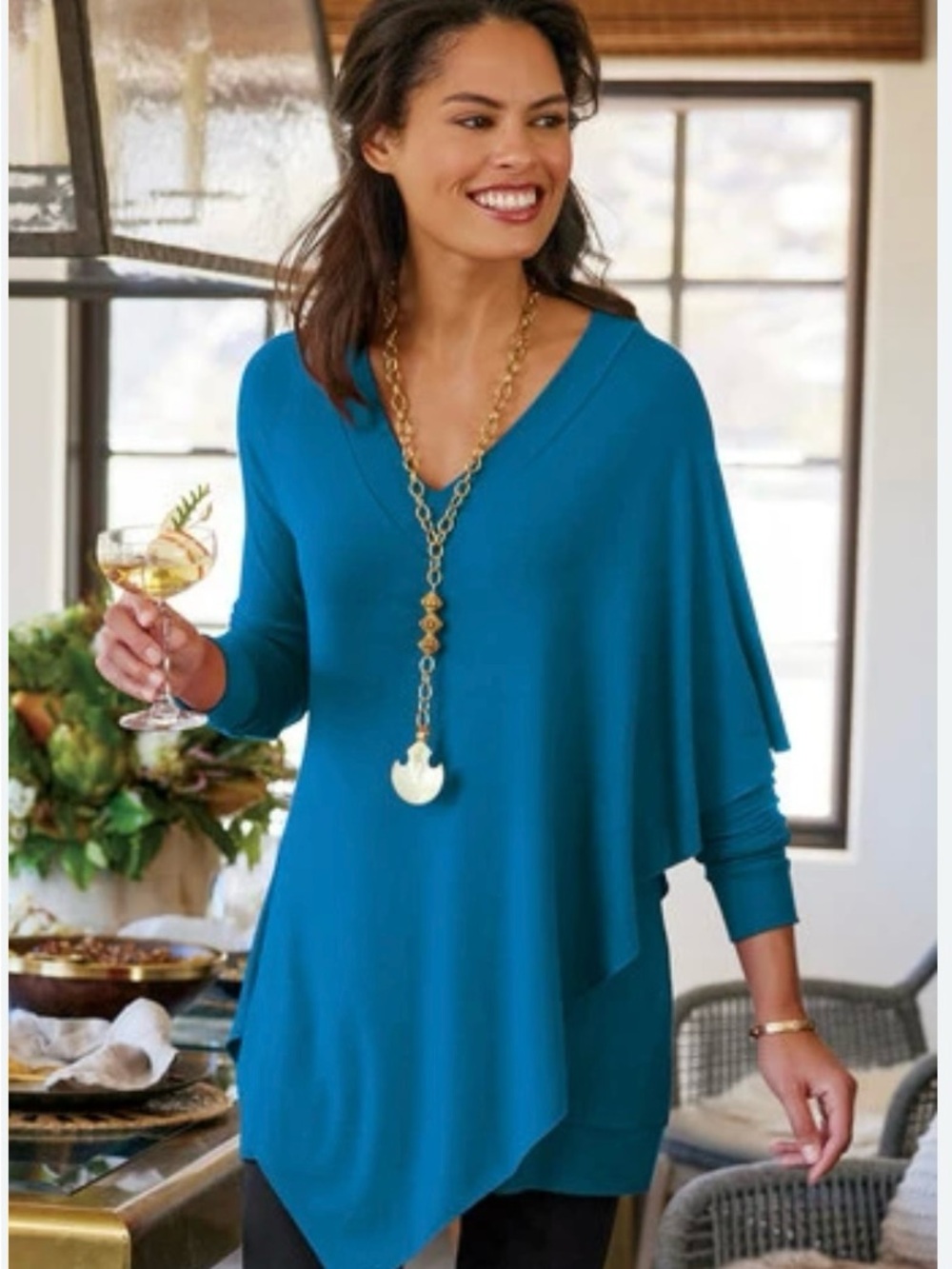 Soft Surroundings Madeline Blue Stretch Knit Tunic with Cape-like Overlay Size L